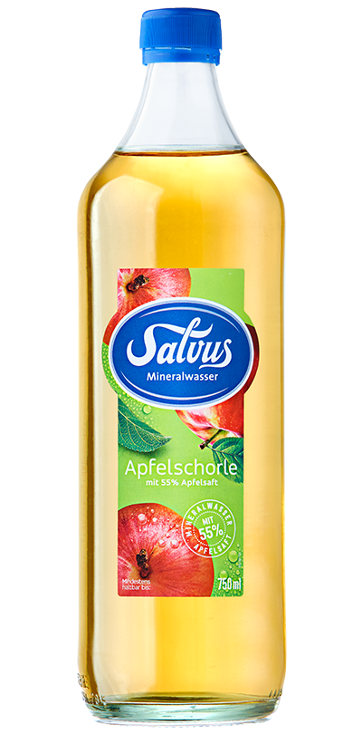 salvus-apfelschorle-glas Produktabbildung Salvus Apfelschorle in der Glasflasche.