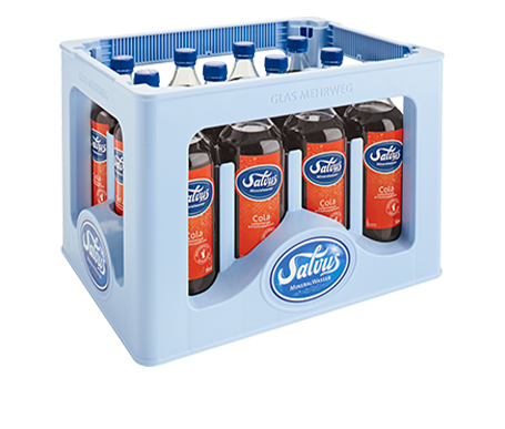 Salvus_Kiste_Cola Darstellung der Salvus Individualkiste gefüllt mit Salvus Cola in 0,75 Liter Glasflaschen.