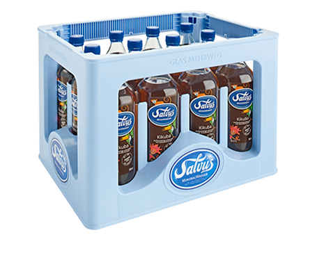 Salvus_Kiste_Kikuba Darstellung der Salvus Individualkiste gefüllt mit Salvus Kikuba in 0,75 Liter Glasflaschen.