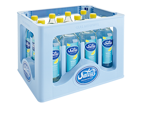 Salvus_Kiste_Lemon Darstellung der Salvus Individualkiste gefüllt mit Salvus Lemon Mineralwasser in 0,75 Liter Glasflaschen.