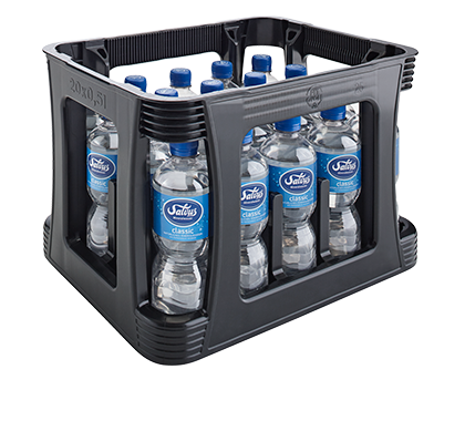 kiste-salvus-classic-mineralwasser-pet-0,5-liter Darstellung einer Getränkekiste gefüllt mit Salvus Classic Mineralwasser in 0,5 Liter PET Flaschen.