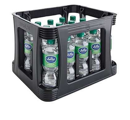 kiste-salvus-medium-mineralwasser-pet-0,5-liter Darstellung einer Getränkekiste gefüllt mit Salvus Medium Mineralwasser in 0,5 Liter PET Flaschen.