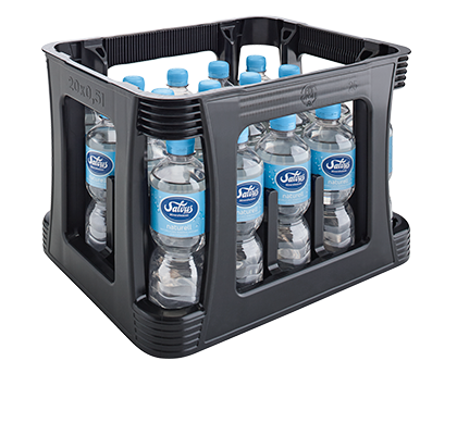 kiste-salvus-naturell-mineralwasser-pet-0,5-liter Darstellung einer Getränkekiste gefüllt mit Salvus Naturell Mineralwasser in 0,5 Liter PET Flaschen.