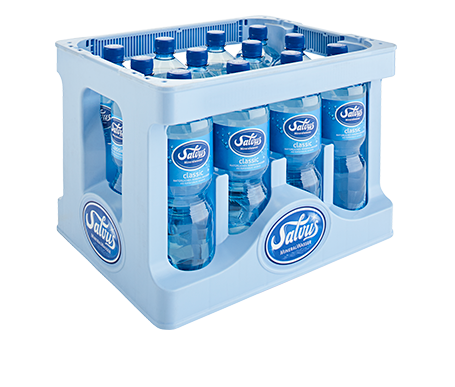 kiste-salvus-classic-mineralwasser-pet-1,0-liter Darstellung der Salvus Individualkiste gefüllt mit Salvus Classic Mineralwasser in 1,0 Liter PET Flaschen.