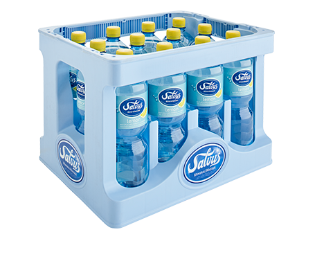 kiste-salvus-lemon-mineralwasser-pet-1,0-liter Darstellung der Salvus Individualkiste gefüllt mit Salvus Lemon Mineralwasser in 1,0 Liter PET Flaschen.