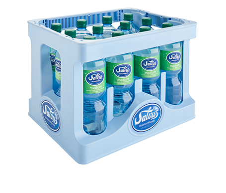kiste-salvus-medium-mineralwasser-pet-1,0-liter Darstellung der Salvus Individualkiste gefüllt mit Salvus Medium Mineralwasser in 1,0 Liter PET Flaschen.