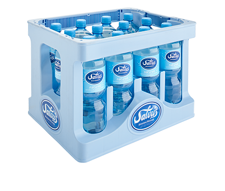 kiste-salvus-naturell-mineralwasser-pet-1,0-liter Darstellung der Salvus Individualkiste gefüllt mit Salvus Naturell Mineralwasser in 1,0 Liter PET Flaschen.