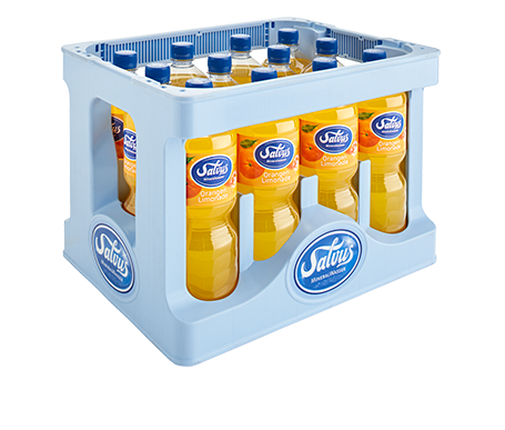 kiste-salvus-orangen-limonade-pet-1,0-liter Darstellung der Salvus Individualkiste gefüllt mit Salvus Orangen Limonade in 1,0 Liter PET Flaschen.