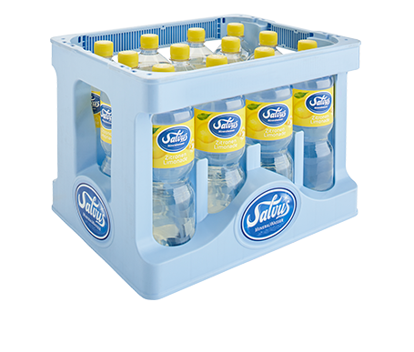 kiste-salvus-zitronen-limonade-pet-1,0-liter Darstellung der Salvus Individualkiste gefüllt mit Salvus Zitronen Limonade in 1,0 Liter PET Flaschen.