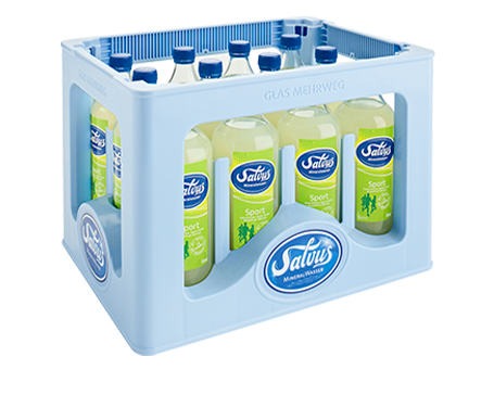 Salvus_Kiste_Sport Darstellung der Salvus Individualkiste gefüllt mit Salvus Sport in 0,75 Liter Glasflaschen.