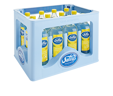 Salvus_Kiste_Zitronen_Limmonade Darstellung der Salvus Individualkiste gefüllt mit Salvus Zitronen Limonade in 0,75 Liter Glasflaschen.