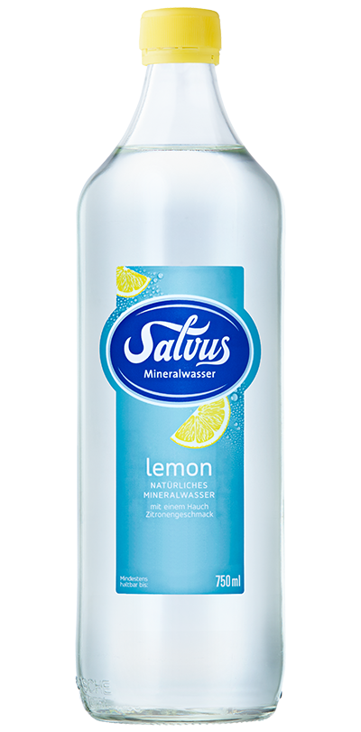salvus-lemon-mineralwasser-glas Produktabbildung Salvus Lemon Mineralwasser in der Glasflasche.