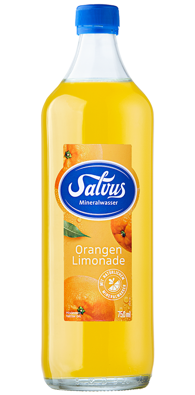 salvus-orangen-limonade-glas Produktabbildung Salvus Orangen Limonade in der Glasflasche.