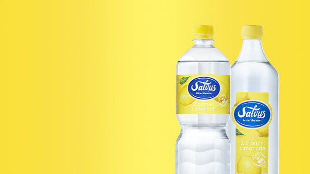 Darstellung der Salvus Zitronen Limonade Produkte bestehend aus 1,0 Liter PET und 0,75 Liter Glas.
