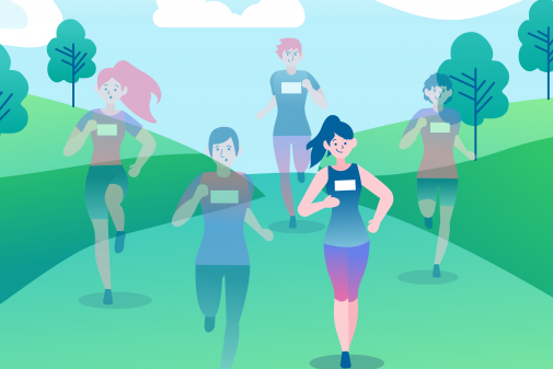 Ein grafisch erstelltes Bild das für den Savus Teekottenlauf genutzt wird. Dort sind 5 Personen, die am lauf teilnehmen zu erkennen.