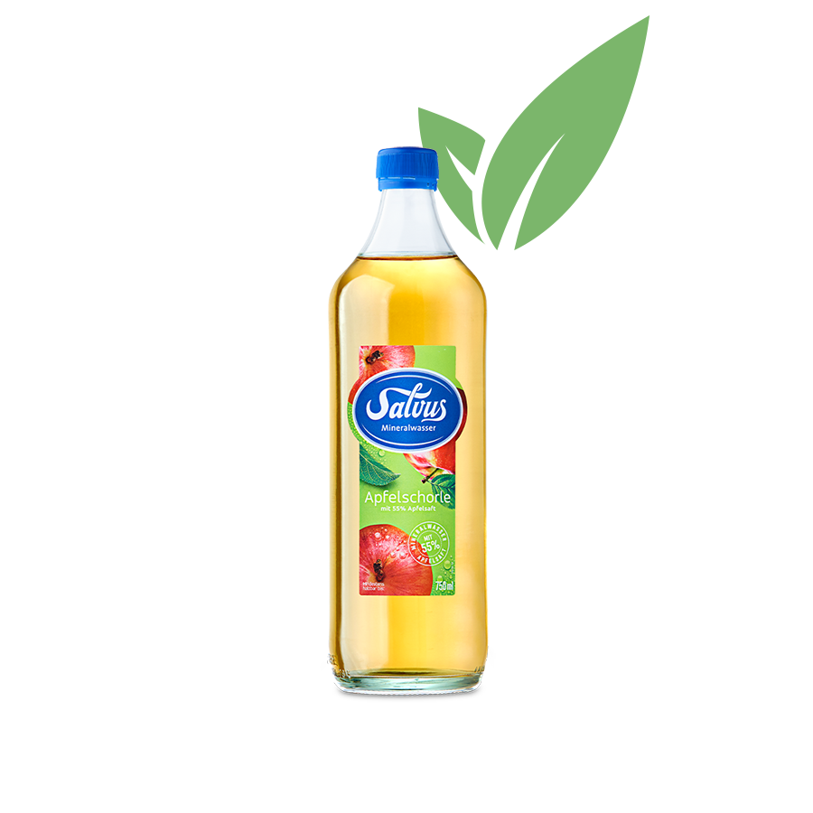 salvus-apfelschorle-mit-blaettern Flasche Salvus Apfelschorle